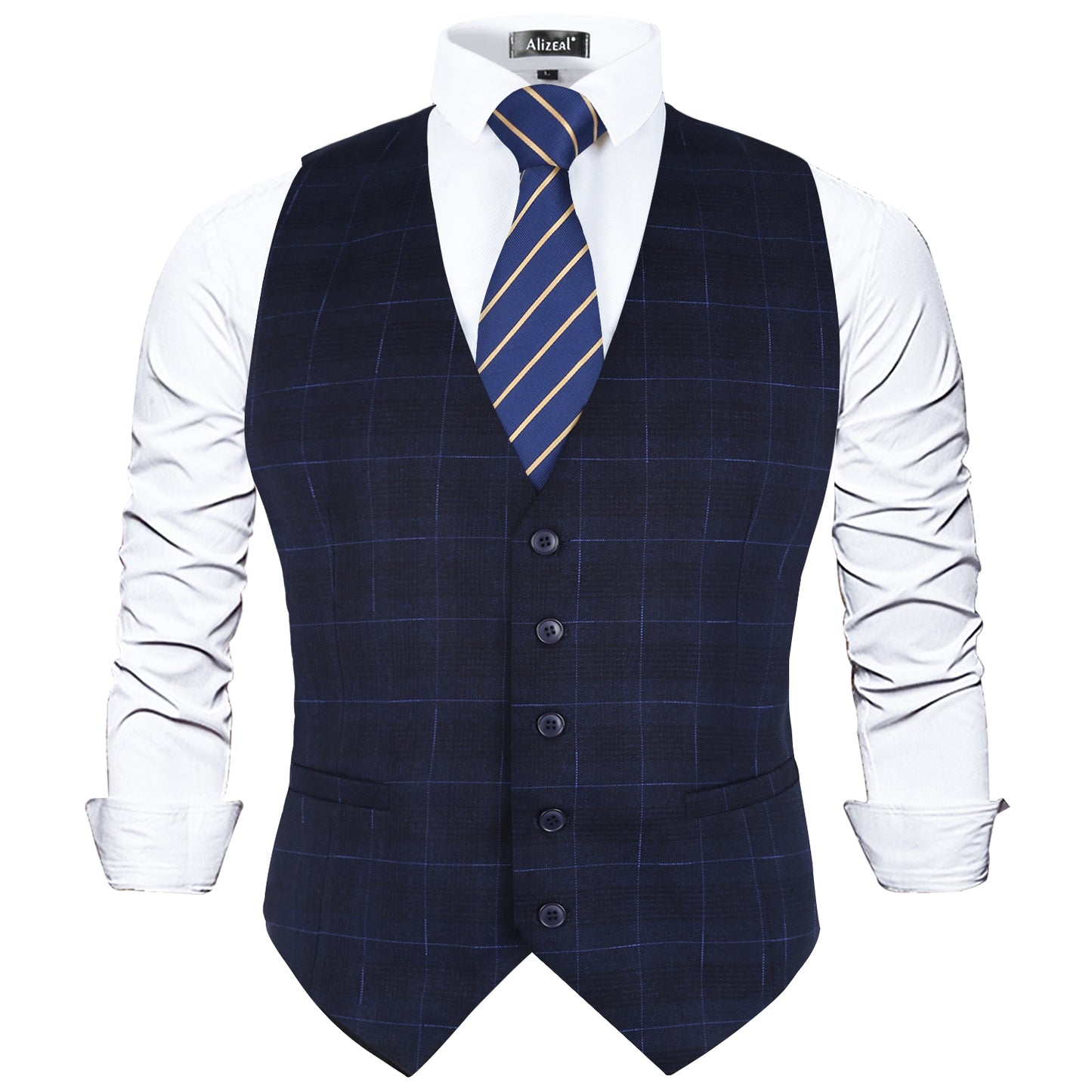 Men's Plaid Business Suit Vest V-Neck Regular Fit Checked Tuxedo Waistcoat, 190-Navy