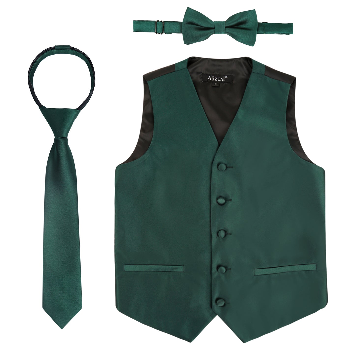 Boy's Classic Solid Bow Tie, Necktie and Suit Vest Set, 078-Dark Green