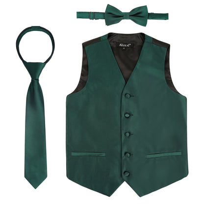 Boy's Classic Solid Bow Tie, Necktie and Suit Vest Set, 078-Dark Green