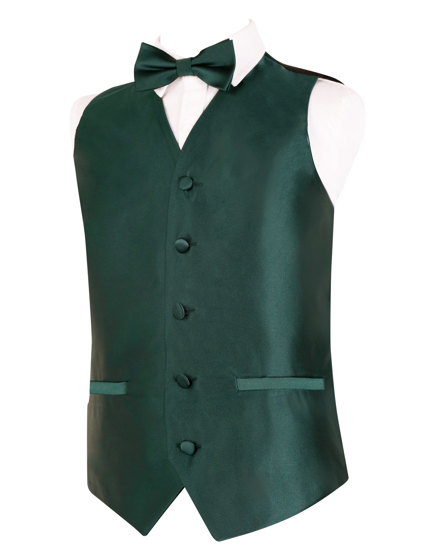Boy's Classic Solid Bow Tie, Necktie and Suit Vest Set, 078-Dark Green