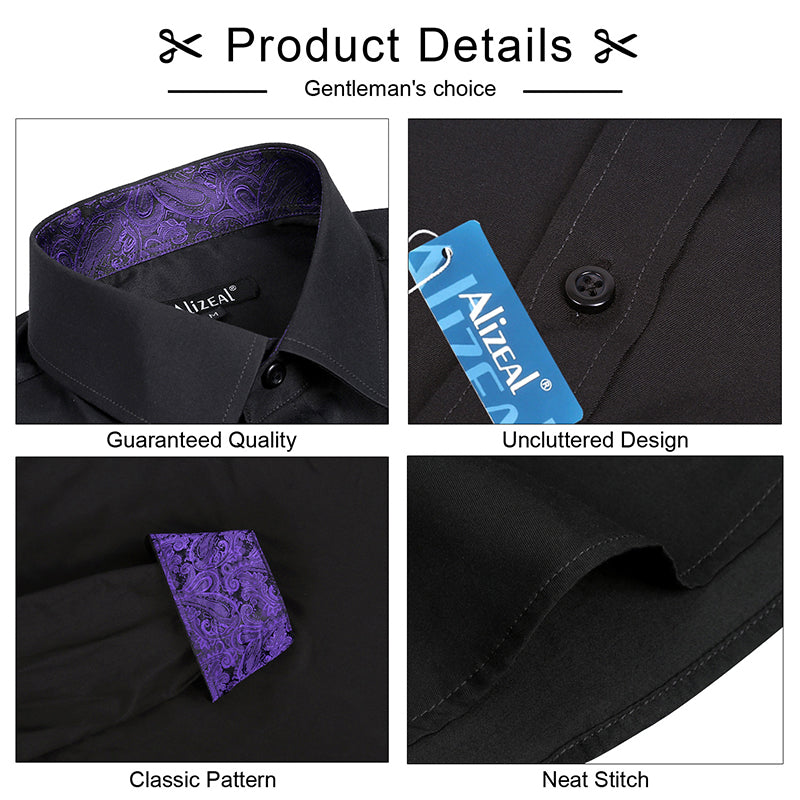 Men's Business Slim Fit Dress Shirt Long Sleeve Patchwork Button-Down Shirt, 004-Black+Dark Purple