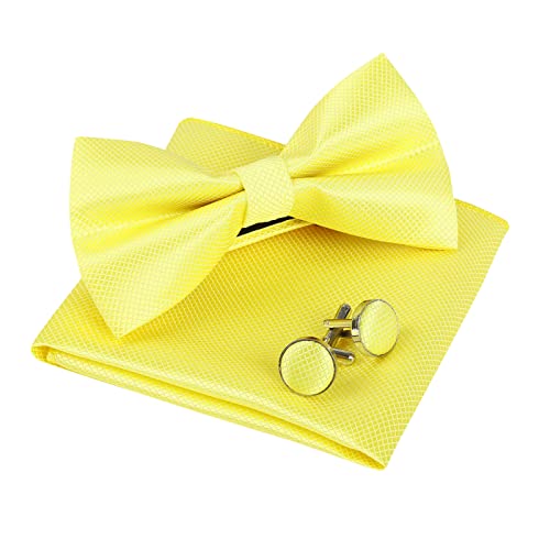 Men's Solid Formal Banded Pre-tied Bow Ties Cufflink Handkerchief Set-054