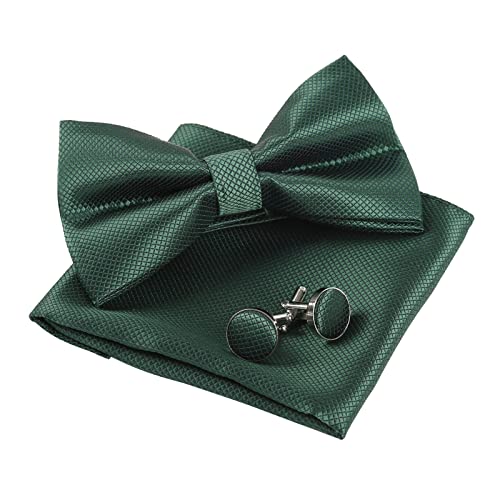 Men's Solid Formal Banded Pre-tied Bow Ties Cufflink Handkerchief Set-054