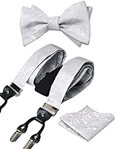 Men's Paisley Suspenders and Self Tied Bow Tie for Men with Pocket Square Set, BD076