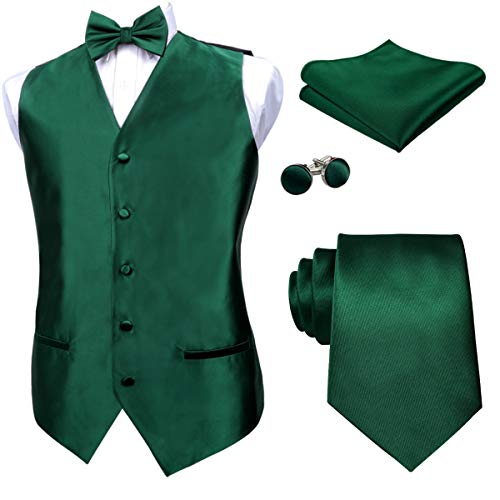 Men's Classic 5 Pcs Solid Color Satin Suit Vest Set, 187-Dark Green