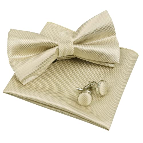 Men's Solid Formal Banded Pre-tied Bow Ties Cufflink Handkerchief Set-054