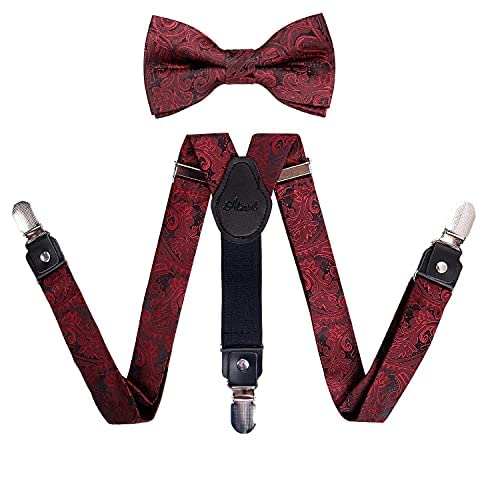 Verstellbare, vorgebundene Fliege mit Blumen-Paisley-Muster für Jungen und elastische Hosenträger in Y-Form mit 3 Clips, BD075 