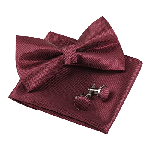 Men's Solid Formal Banded Pre-tied Bow Ties Cufflink Handkerchief Set-054