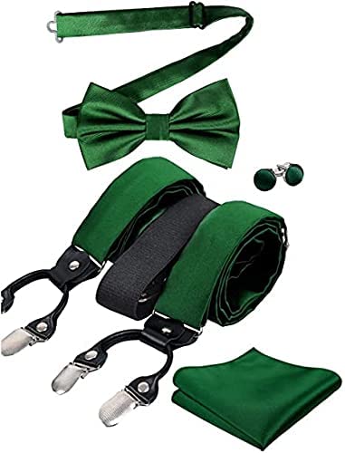 Mens Solid Color 6 Clips Suspender and Bowtie, Hanky, Cufflinks Set, BD072