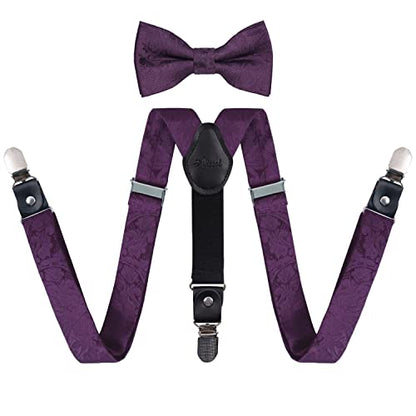 Boy's Adjustable Floral Paisley Pre-tied Bow Tie and Elastic Y Shape 3 Clips Suspenders Set, BD075
