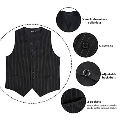 Men's Pinstripe Business Suit Vest Formal Dress Tuxedo Waistcoat, 188-Black