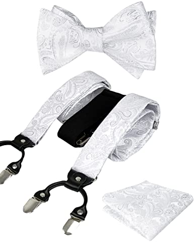 Men's Paisley Suspenders and Self Tied Bow Tie for Men with Pocket Square Set-BD076
