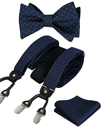 Men's Polka Dot Suspender and Self-tied Bow Tie with Handkerchief Set, BD066