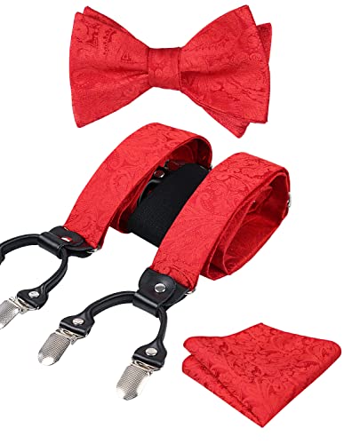 Men's Paisley Suspenders and Self Tied Bow Tie for Men with Pocket Square Set-BD076