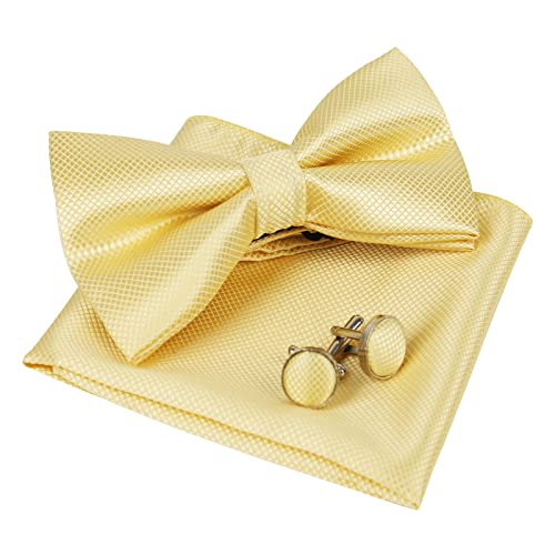 Men's Solid Formal Banded Pre-tied Bow Ties Cufflink Handkerchief Set-054