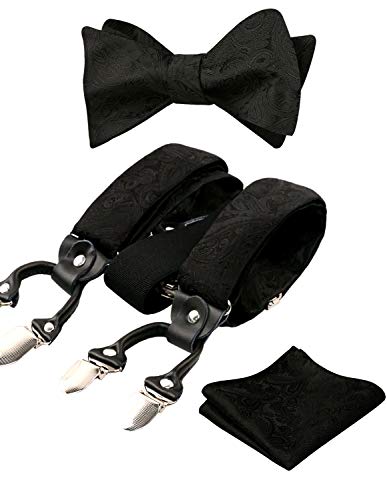 Men's Paisley Suspenders and Self Tied Bow Tie for Men with Pocket Square Set-BD076