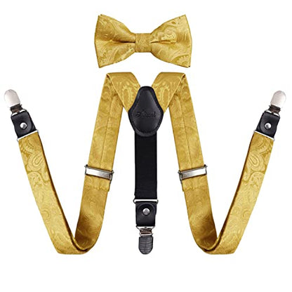 Boy's Adjustable Floral Paisley Pre-tied Bow Tie and Elastic Y Shape 3 Clips Suspenders Set, BD075
