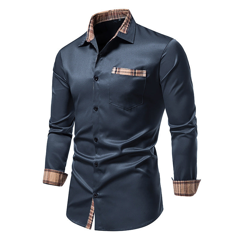 Men's Dark Navy Plaid Collar Long Sleeve Button Down Shirt 2123604