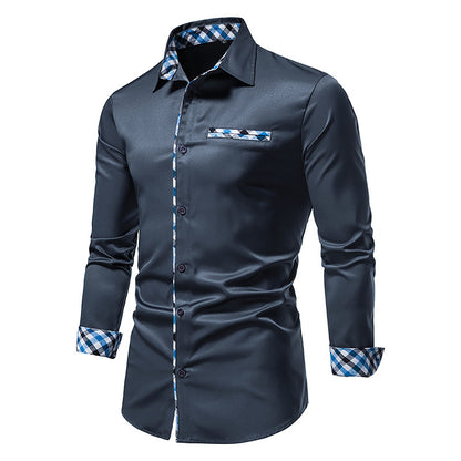 Men's Dark Navy Long Sleeve Plaid Collar Shirt 2123403