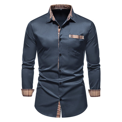 Men's Dark Navy Plaid Collar Long Sleeve Button Down Shirt 2123604