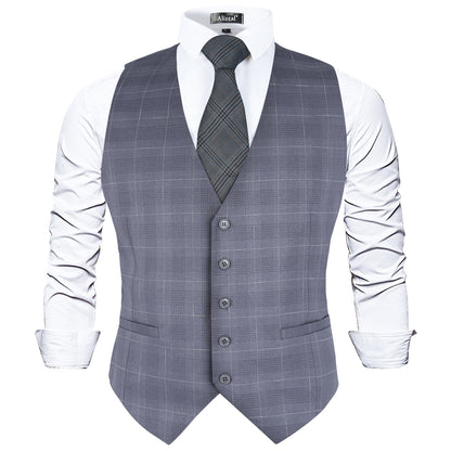 Men's Plaid Business Suit Vest V-Neck Regular Fit Checked Tuxedo Waistcoat, 190-Pewter