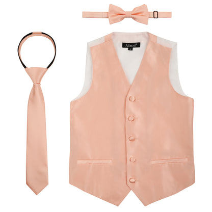 Boy's Classic Solid Bow Tie, Necktie and Suit Vest Set, 078-Peach