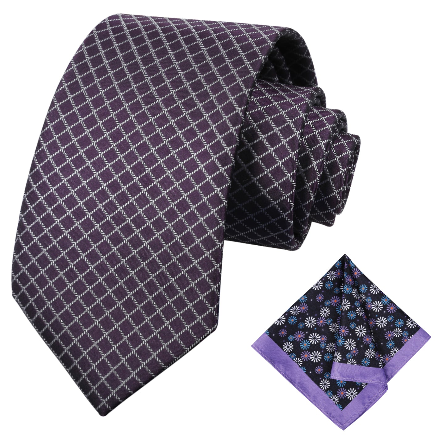 Men's Checkered Tie 3.15inch Necktie and Printed Floral Handkerchief Set, 122