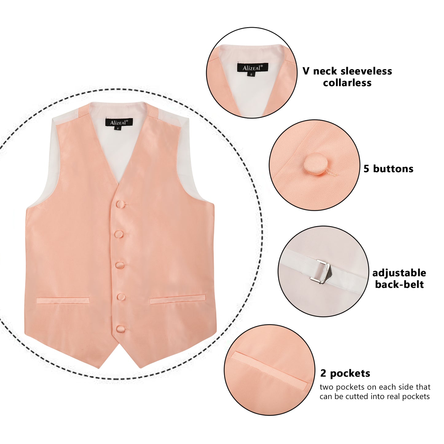 Boy's Classic Solid Bow Tie, Necktie and Suit Vest Set, 078-Peach