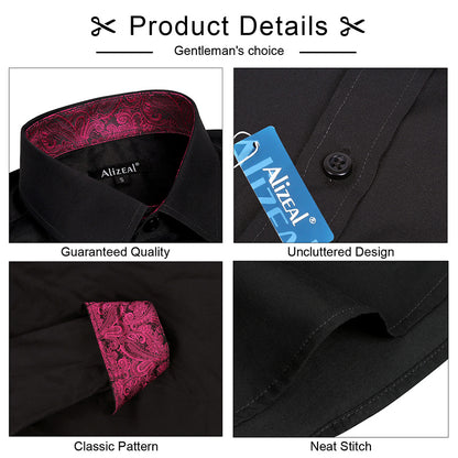 Men's Business Slim Fit Dress Shirt Long Sleeve Patchwork Button-Down Shirt, 004-Black+Hot Pink
