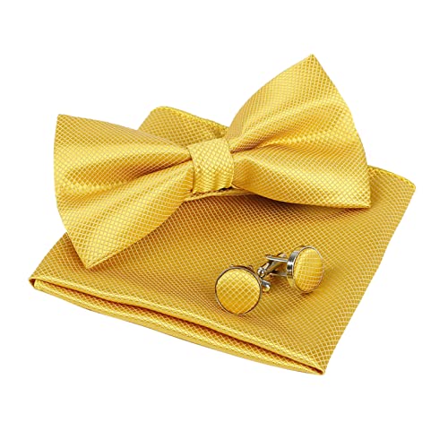 Men's Solid Formal Banded Pre-tied Bow Ties Cufflink Handkerchief Set-054