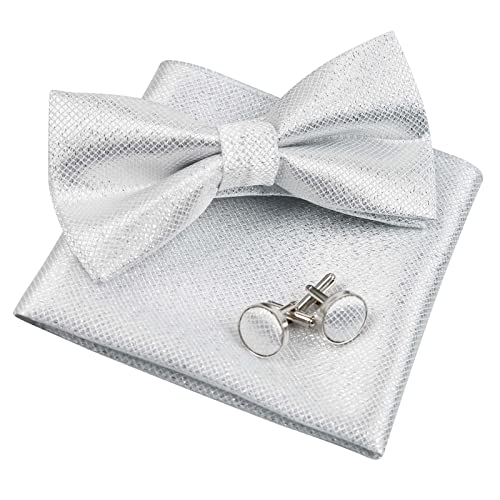 Men's Solid Formal Banded Pre-tied Bow Ties Cufflink Handkerchief Set-054