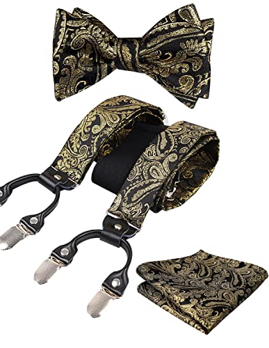 Men's Paisley Suspenders and Self Tied Bow Tie for Men with Pocket Square Set-BD076