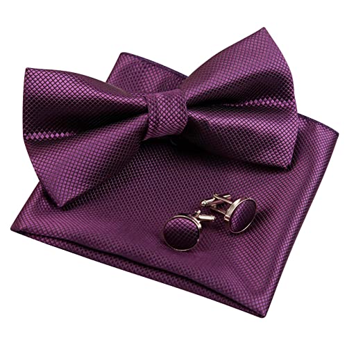 Men's Solid Formal Banded Pre-tied Bow Ties Cufflink Handkerchief Set-054