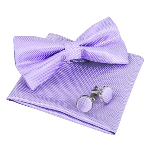 Men's Solid Formal Banded Pre-tied Bow Ties Cufflink Handkerchief Set-054