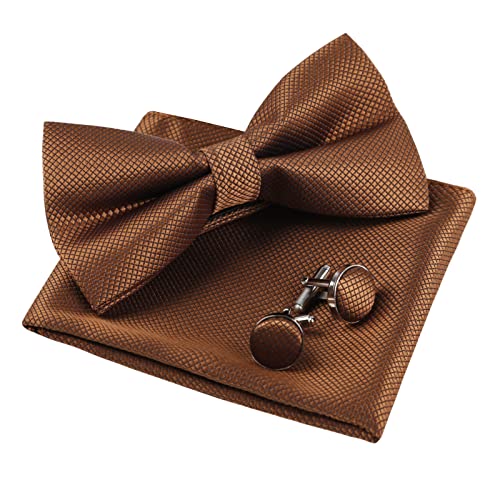 Men's Solid Formal Banded Pre-tied Bow Ties Cufflink Handkerchief Set-054