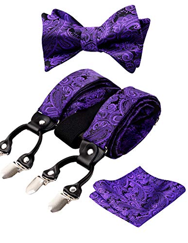 Men's Paisley Suspenders and Self Tied Bow Tie for Men with Pocket Square Set-BD076