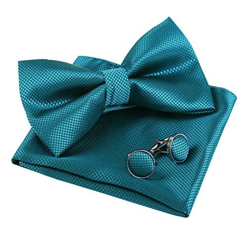 Men's Solid Formal Banded Pre-tied Bow Ties Cufflink Handkerchief Set-054