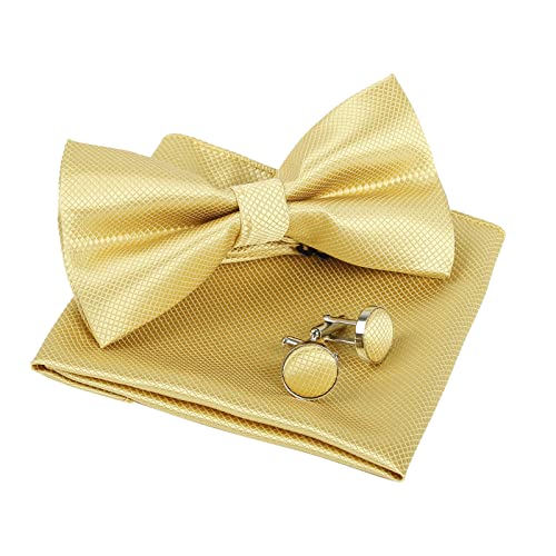 Men's Solid Formal Banded Pre-tied Bow Ties Cufflink Handkerchief Set-054