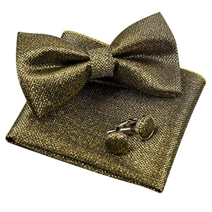 Men's Solid Formal Banded Pre-tied Bow Ties Cufflink Handkerchief Set #054