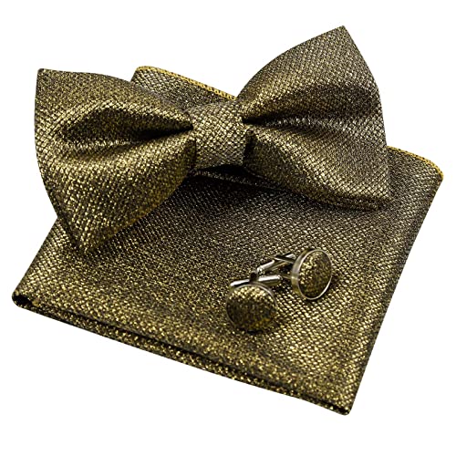 Men's Solid Formal Banded Pre-tied Bow Ties Cufflink Handkerchief Set-054
