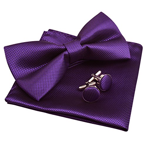 Men's Solid Formal Banded Pre-tied Bow Ties Cufflink Handkerchief Set-054