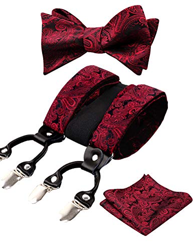 Men's Paisley Suspenders and Self Tied Bow Tie for Men with Pocket Square Set-BD076