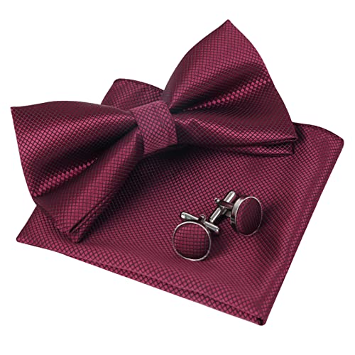 Men's Solid Formal Banded Pre-tied Bow Ties Cufflink Handkerchief Set #054