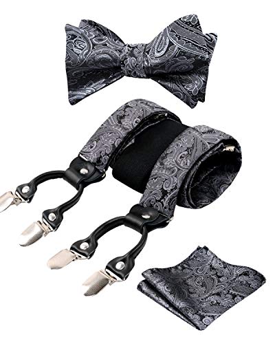 Men's Paisley Suspenders and Self Tied Bow Tie for Men with Pocket Square Set-BD076