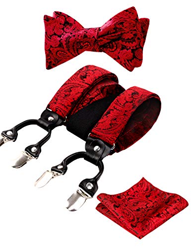 Men's Paisley Suspenders and Self Tied Bow Tie for Men with Pocket Square Set-BD076