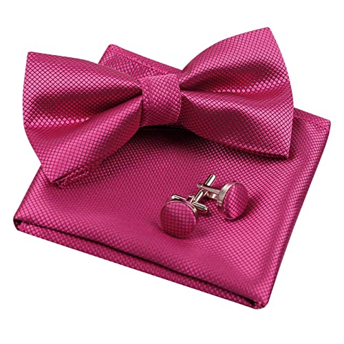 Men's Solid Formal Banded Pre-tied Bow Ties Cufflink Handkerchief Set-054