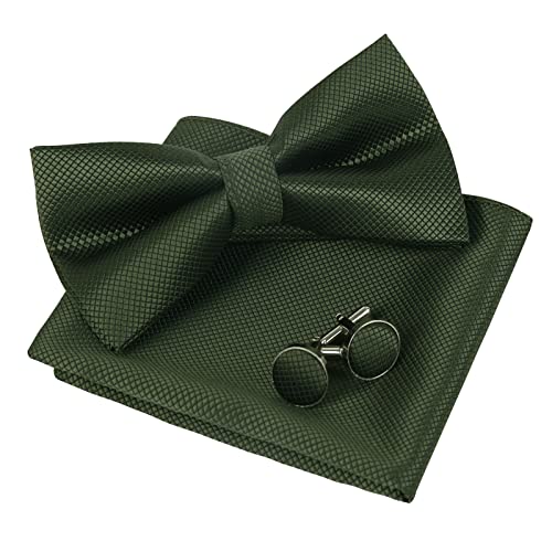 Men's Solid Formal Banded Pre-tied Bow Ties Cufflink Handkerchief Set-054