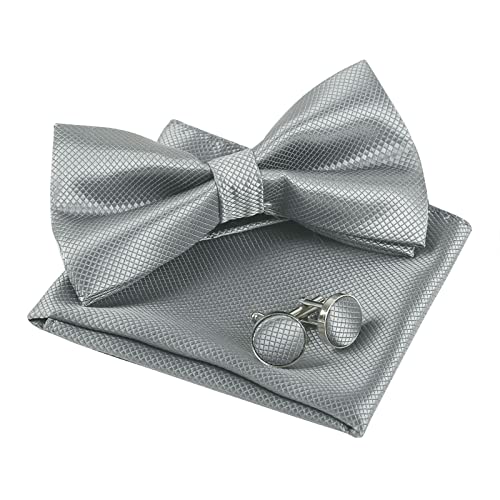 Men's Solid Formal Banded Pre-tied Bow Ties Cufflink Handkerchief Set-054