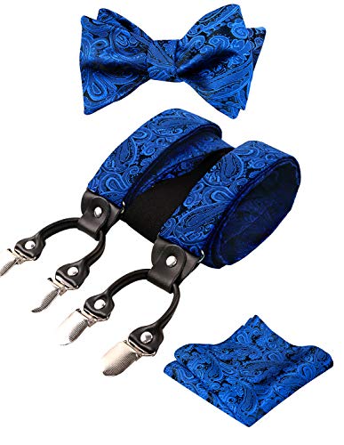 Men's Paisley Suspenders and Self Tied Bow Tie for Men with Pocket Square Set, BD076