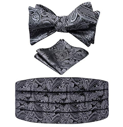 Men's Classic Paisley Woven Self-tied Adjustable Bow Tie, Cummerbund and Pocket Square Set, 133